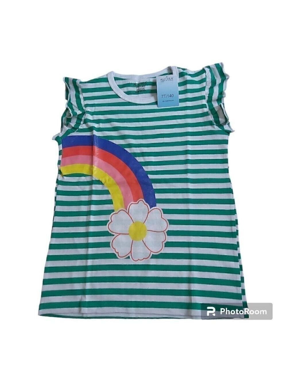 Ali Sea Girls Size 7 Green/White Striped Rainbow Flower T-Shirt W/Capped Sleeves
